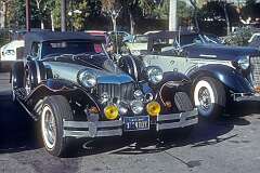 Modern retro-styled “classic” cars: “Tisatoy” and an Auburn; the original Auburns were produced until 1937; Beverly Hills, California.