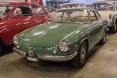 A Fiat Abarth 850 Coupe Scorpione Allemano of 1959, based on the Fiat 600 next to a Saab 96 of around 1962 in the main hall, Abarth Works Museum.