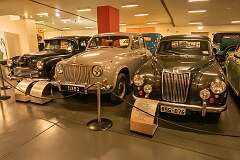 A 1949 Hillman Minx, a 1956 Rover Model 75 and a 1955 MG Magnette, British cars at the National Motor Museum in Birdwood, South Australia.