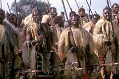 Matsapha, Eswatini, 1974 - Swazi warriors during the iNcwala ceremony, starting the march of young men to fetch “lusekwane” shrub.