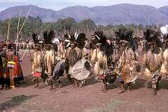 Lobamba, Eswatini, 1970 - King Sobhuza II with his Balondolozi regiment returns from dancing in the iNcwala ceremony.
