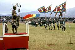 Lobamba, Eswatini, 1971 - Swazi scouts, the “Gcina” Regiment, parade past King Sobhuza II in Somhlolo Stadium during the Independence Celebrations.