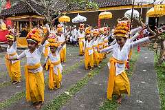 Ubud, Bali, Indonesia, 2019 - Young girls dance in the temple, Pura Taman Pule Mas, during the Kuningan ceremonies.