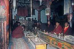 Hemis, Ladakh, India, 1979 - Lamas (monks) at a Buddhist “puja” religious ceremony in Hemis Gompa.