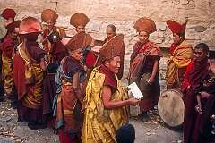 Hemis, Ladakh, India, 1979 - A monk reading Buddhist texts in the Hemis Gompa Ladakhi monastery.