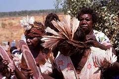 Lajamanu, NT, Australia, 1975 - Warlpiri Aboriginal women performing a ritual during a boy's initiation ceremony.