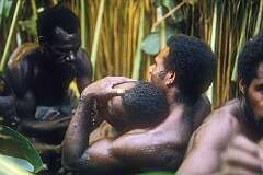 Korobo, East Sepik, Papua New Guinea, 1979 - A young man being cut with a razor, supported by an uncle, at the “Wakendembe” skin cutting Crocodile initiation ceremony.