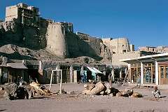 Shops around a small square in the bazaar below the crumbling Citadel, the fort of Ghazni.