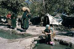 A camp of the Kuchi nomadic people near Kandahar. The women seem to live a fairly free life and do not wear the all-enveloping “chaderi" or “burqa”.