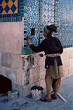 The Shrine to Ali in Mazar-e-Sharif was built in 1481. The original decorations are long since lost but recent repairs have restored it to its former glory. Replacing tiles is an ongoing process.