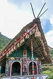 The Murung, traditional 'bachelors' dormitory' house of the Phom Naga people in Kisama Heritage Village. The Phom Naga ethnic group's traditional territory is in Longleng District, between the those of the Konyak in the north-east, the Ao in the west and the Chang in the south. Phoms celebrate several festivals in a year of which Monyü is the greatest. One of the most significant occasion is the celebration of "Phom Day" on 6 June every year, commemorating the Peace Making Day that was signed on 6 June 1952, marking an end to all head hunting practices and enmity among the Phom Nagas.