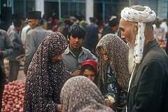 Turkmeni people on the market in Ākgalā (Aqqala, formerly Pahlavidezh), 20 kilometres north of Gorgan.