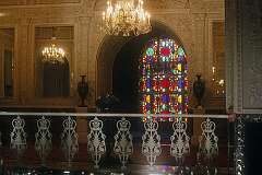 Elaborate carved walls and frosted glass in the Golestan Palace.