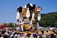 Matsuyama, Shikoku, Japan, 2014 - Throwing bags of sweets from a mikoshi, a divine palanquin, at the Mikoshi Festival.