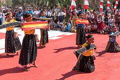 Labuan Bajo, Flores, Indonesia, 2019 - Traditional girls' dance from West Manggarai at celebrations of Indonesia's National Day.