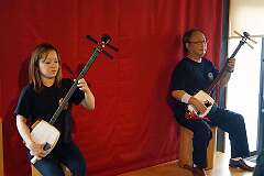 Hirosaki, Honshu, Japan, 2014 - Playing the traditional Japanese shamisen or samisen.