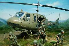 Diorama of South Korean troops being delivered by a Bell Huey helicopter during the Vietnam war.