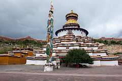 Gyantse, Tibet, China, 2023 - Kumbum stupa, Baiju temple, Tibet's the largest chorten with 108 cells, in the Palcho Monastery.