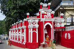 Itanagar, Arunachal Pradesh, India, 2023 - A temporary temple, built with wood and cloth, for the Hindu Navaratri Festival.