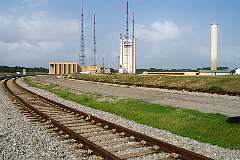 The railroad for transporting the Ariane 5 rockets from the assembly building to the launching site at the Centre Spatial Guyanais, Kourou.