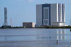 The view,from Banana Creek Launch Viewing spot at the Apollo/Saturn V Center, to the Vehicle Assembly Building at NASA's Kennedy Space Center.