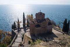 Ohrid, North Macedonia - The Macedonian Orthodox Church of St. John the Theologian, overlooking Lake Ohrid.