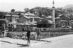 Sarajevo, Bosnia - View to the upper city of Sarajevo south of the Miljacka river, with the Hadžijska Mosque.